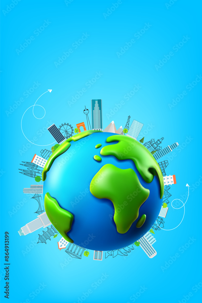 Poster world travel concept with panorama. 3d vector banner with copy space