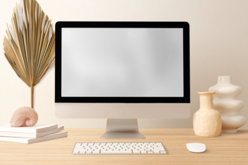 Computer transparent png, screen mockup, aesthetic workspace design, clean decoration