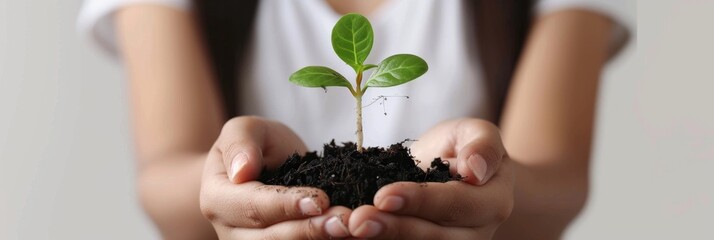 Plant in hands, young sprout, new plant growing in soil, organic farming, environment care, earth day