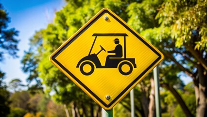 A cautionary white traffic sign with bold black lettering and graphic icon warning of golf cart crossings on a blank background.