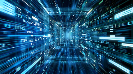 A visually stimulating digital environment featuring cutting edge cyber technology with vibrant neon blue lighting, Abstract futuristic technology big data transfer or connecting

