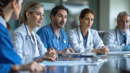 Doctors and nurses in a roundtable discussion about treatment protocols, clinical staff meeting, collaboration