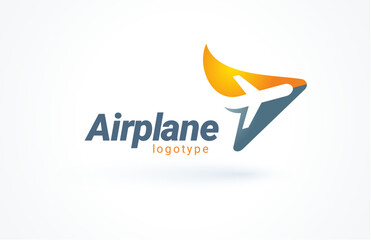 Airplane logo actions silhouette orange and gray color takeoff vector white background