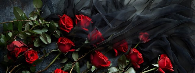 Black veil with red roses. Sadness. Mourning banner.