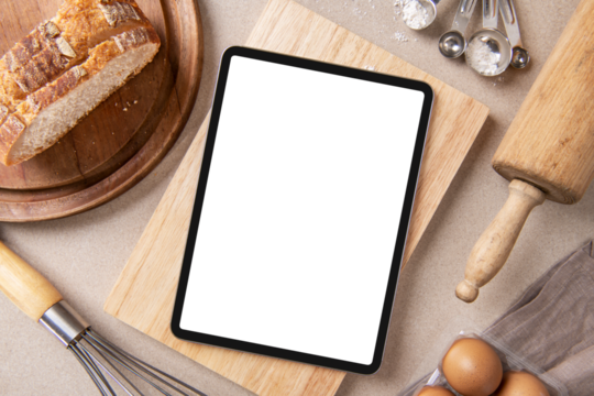Tablet screen png mockup, transparent digital device at the bakery - Powered by Adobe