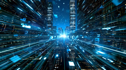 A visually stimulating digital environment featuring cutting edge cyber technology with vibrant neon blue lighting, Abstract futuristic technology big data transfer or connecting
