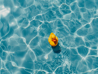 Naklejka premium Yellow rubber duck floating in a clear blue swimming pool. Playful and vibrant summer scene.