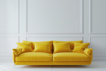 arafed yellow couch with pillows in a white room