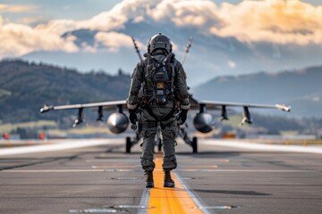 Pilot Standing on the Runway with Fighter Jet in Background