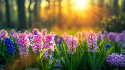 Obraz premium Colorful hyacinth flowers in full bloom at sunrise. Generative AI 
