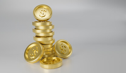 Realistic Gold dollar coins stack isolated white background, concept business finance, saving, exchange, currency trading, deposit, financial growth, copy space for web banner 3d render illustration.