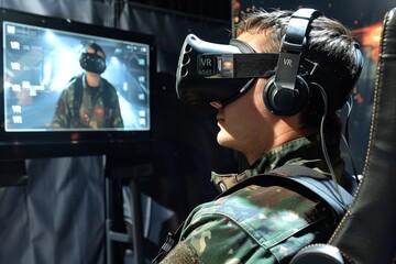 Military Personnel Using VR Headset for Training, High-Tech Simulation, Indoor Environment, Realistic Virtual Experience
