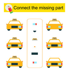 Connect the missing part. Task for the development of attention and logic. Cartoon taxi.