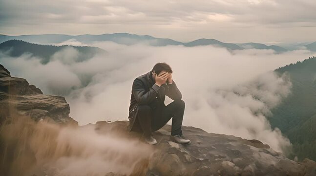 Frustate man in the top of mountain