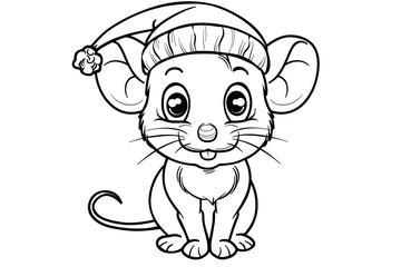Cute cartoon mouse with a Christmas hat, outlined for coloring, on a white background.