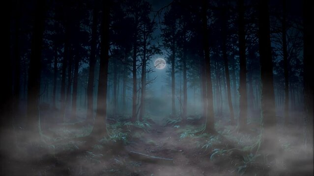 Haunting blue monochrome image of light drowning in the darkness of the trees and fog, with water droplets sparkling in the underbrush.