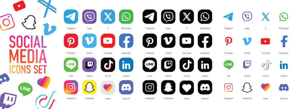 Instagram, X, Facebook, Youtube, WhatsApp, Vimeo, Pinterest, Linkedin, Likee, Telegram. Social media logo set. Vector