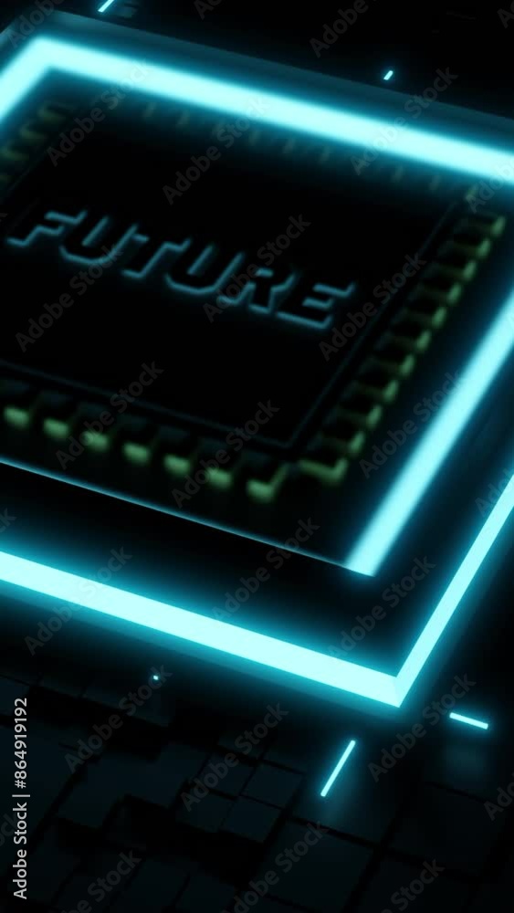 Poster 3d chip with neon nets. design. 3d chip runs computer's software networks. chip labeled future launc