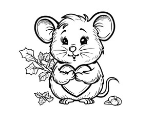 Cute cartoon mouse with a Valentine heart, outlined for coloring, on a white background.