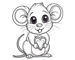 Cute cartoon mouse with a Valentine heart, outlined for coloring, on a white background.