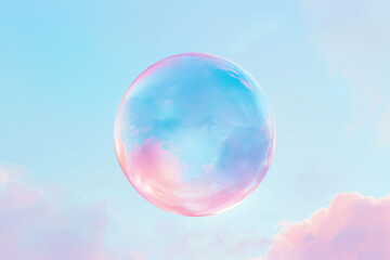 A vibrant, colorful bubble floating in the sky with soft pastel hues, creating a magical scene