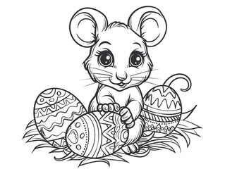 Cute cartoon mouse with Easter eggs, outlined for coloring, on a white background.