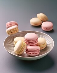 Colorful french macarons in plate