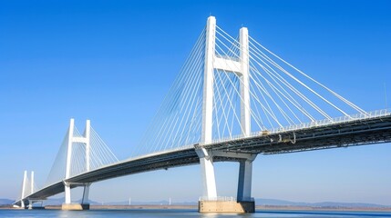 A multi-span cable-stayed bridge against a blue sky
