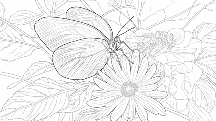 Fototapeta premium Sketch outline of a butterfly resting on a flower, outlined for coloring, on a white background.
