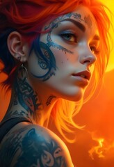 Obraz premium Woman with tattoos on her face staring - fire and smoke..