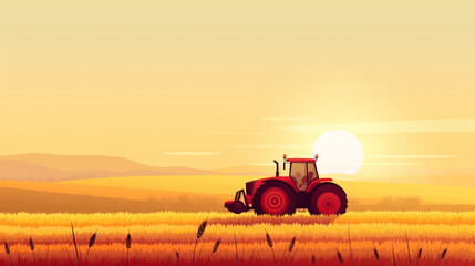 Fototapeta premium Red Tractor Silhouetted Against Setting Sun In Wheat Field