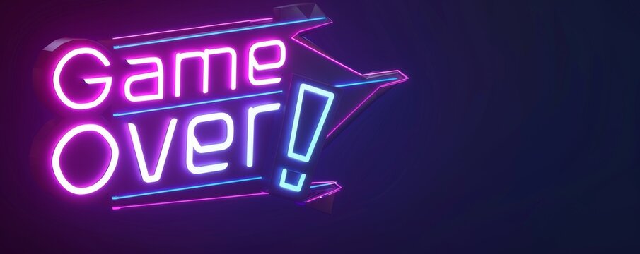 Futuristic neon game over sign with geometric shapes and glowing cyber elements