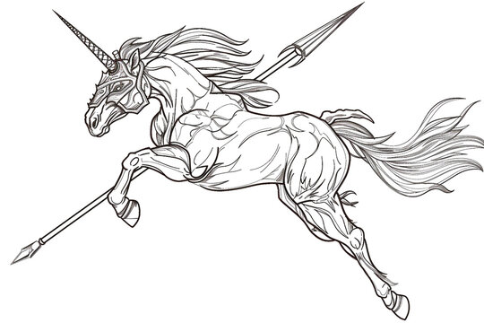 recommend clip art: Sketch outline of a centaur with a spear, outlined for coloring, on a white background.