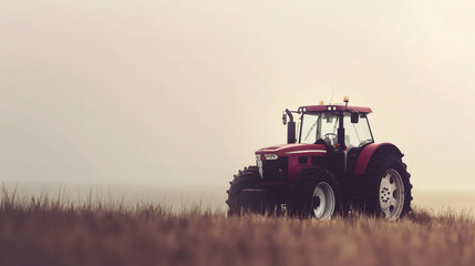 Fototapeta premium Red Tractor Silhouetted Against Early Morning Light In Wheat Field