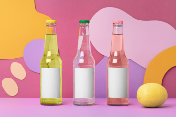 Glass bottle label png mockups, summer beverage packaging