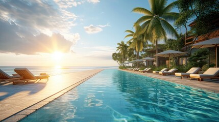Fototapeta premium Idyllic seaside pool with reclining lounge chairs and palm trees on the luxury resort by the beach with a sunset view