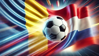 Naklejka premium dynamic soccer ball flies in the air with flags of Romania and Netherlands. The soccer ball is prominently in focus, with a motion blur that emphasizes its speed and movement