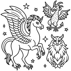 a unicorn, owl and dragon coloring pages