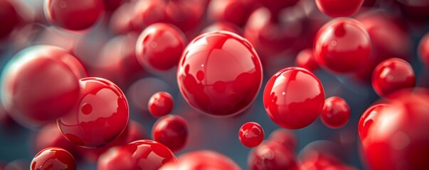Abstract red spheres suspended in mid-air on a blurred grey background
