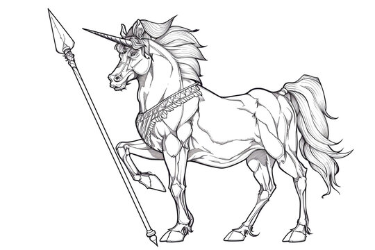 recommend clip art: Sketch outline of a centaur with a spear, outlined for coloring, on a white background.