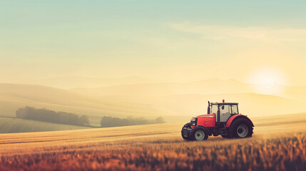Fototapeta premium Red Tractor With Birds In Rolling Hills Under Soft Sunrise, Agricultural Landscape