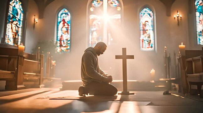 Person kneeling down in the church