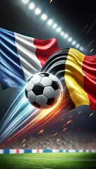 Naklejka premium dynamic soccer ball flies in the air with flags of France and Belgium. The soccer ball is prominently in focus, with a motion blur that emphasizes its speed and movement