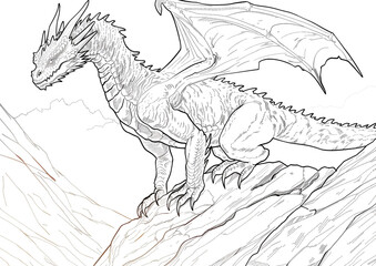 Sketch outline of a dragon perched on a rock, outlined for coloring, on a white background.