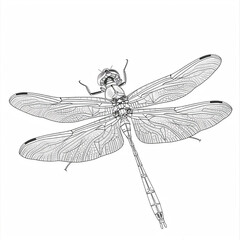 Sketch outline of a dragonfly in flight, outlined for coloring, on a white background.