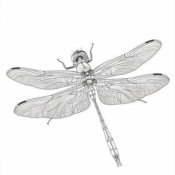recommend clip art: Sketch outline of a dragonfly in flight, outlined for coloring, on a white background.