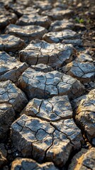 Detailed view of cracks in a dried-out riverbed.