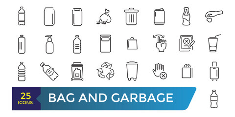 Bag and Garbage for trash icons set. Food garbage, Dirty dustbin. Collection and pack of linear web and ui icons. Editable stroke. Vector illustration