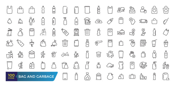 Bag and Garbage for trash icons set. Food garbage, Dirty dustbin. Collection and pack of linear web and ui icons. Editable stroke. Vector illustration