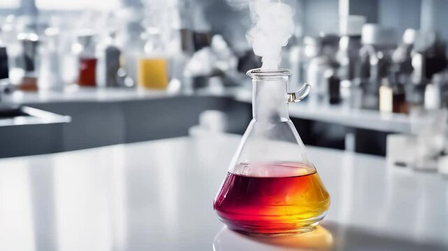 High-tech chemistry lab, flasks and beakers, colorful liquids, steam and smoke, Generative AI